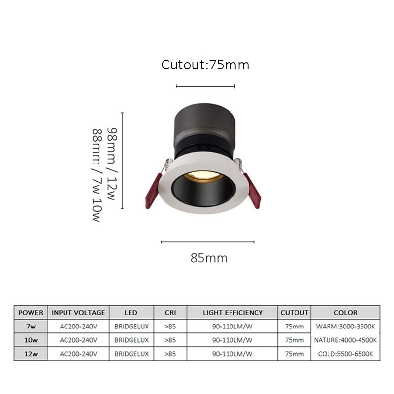 LED Recessed Spotlight Lamp Angle Adjustable Home Spotlight 75mm Hole Ceiling Downlight Minimalist Living Room Background Wall