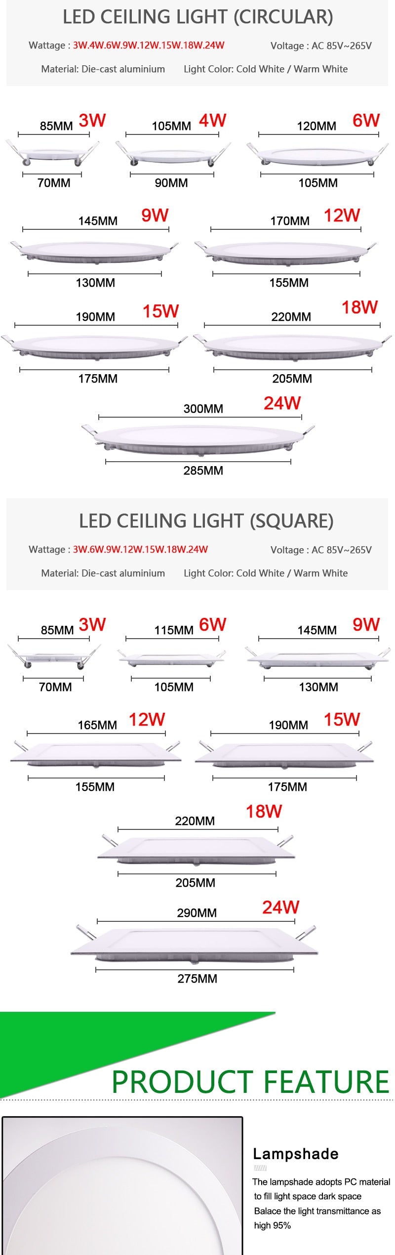 LED Ultra thin Downlight lamp 24W 18W 12W 9W 6W 3W AC110V 220V led ceiling recessed grid downlight slim round square panel light
