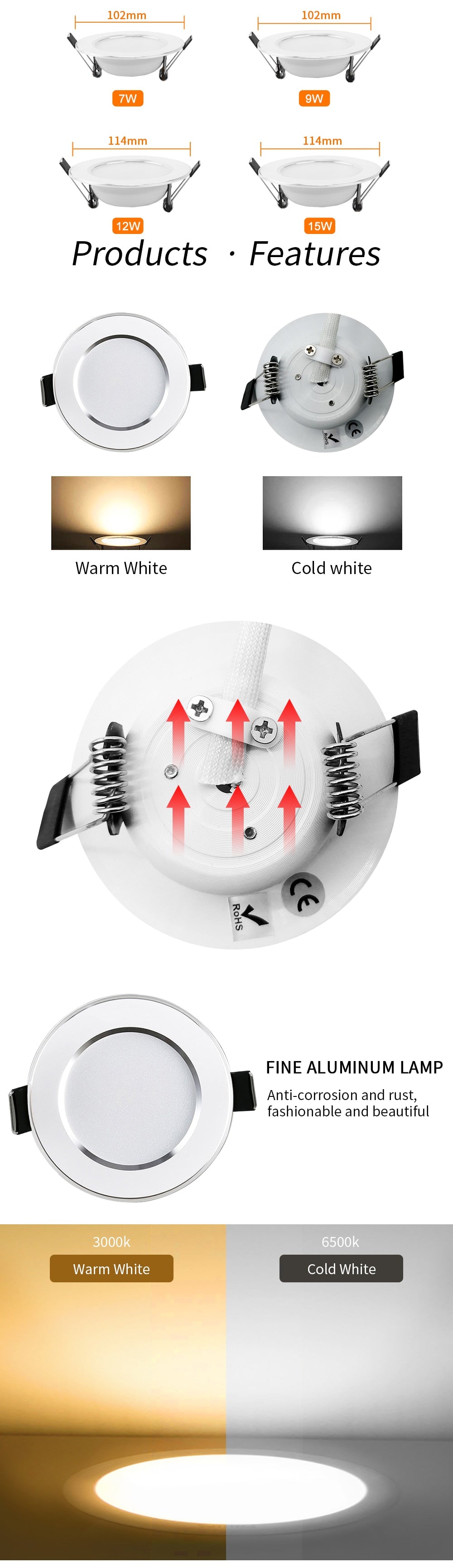 LED Downlight 3W 5W 7W 9W 12W 15W Recessed Round LED Ceiling Lamp AC 220V 230V 240V Indoor Lighting Warm White Cold White