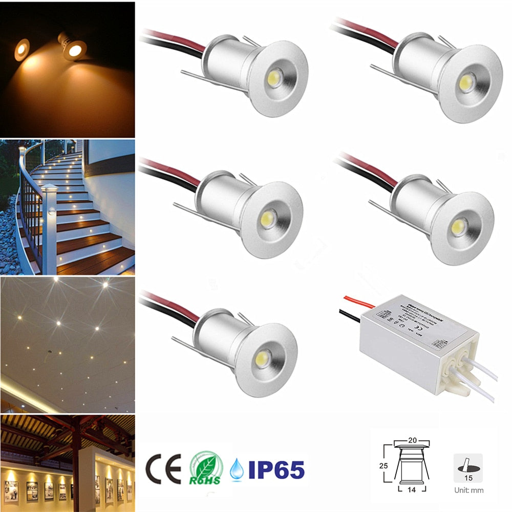 LED Spotlight 12V 1W Recessed Ceiling Light Kitchen Stairs Closet Lamp Hallway Showcase Light Cabinet Downlight IP65 with Driver