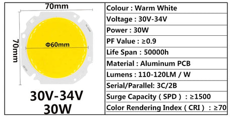 High Power LED Big Round COB 30W 50W Light Beads 30-34V 60MM LED Lamp Bead LED Bulb Chip Spot Light Downlight Diode Lamps