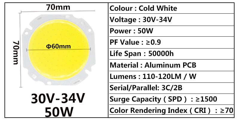 High Power LED Big Round COB 30W 50W Light Beads 30-34V 60MM LED Lamp Bead LED Bulb Chip Spot Light Downlight Diode Lamps