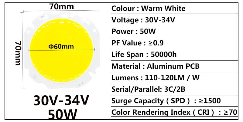 High Power LED Big Round COB 30W 50W Light Beads 30-34V 60MM LED Lamp Bead LED Bulb Chip Spot Light Downlight Diode Lamps
