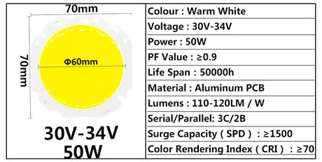 High Power LED Big Round COB 30W 50W Light Beads 30-34V 60MM LED Lamp Bead LED Bulb Chip Spot Light Downlight Diode Lamps