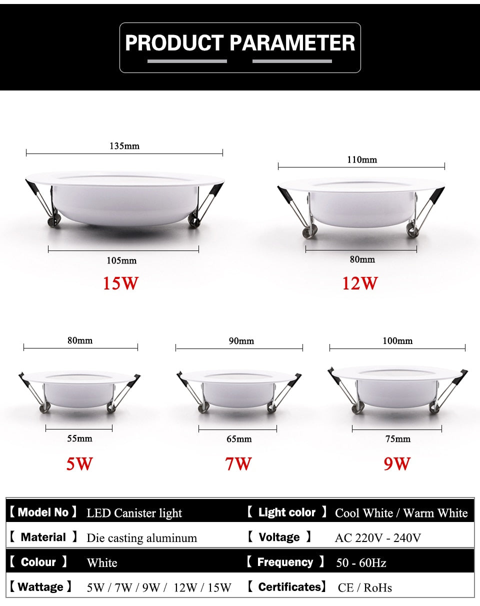 Lqsci LED Downlight 5W 7W 9W 12W 15W Round Recessed Lamp 220V 230V 240V Led Bulb Bedroom Kitchen Indoor LED Spot Lighting