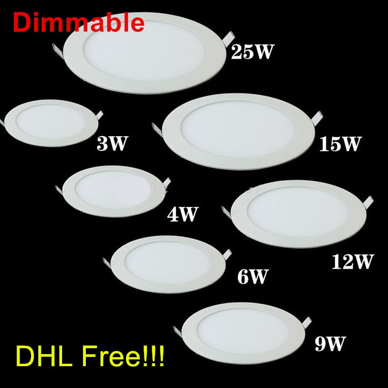 Dimmable LED Panel Light Round/Square Recessed LED Ceiling Downlight 3W-25W 110V/220V Support Dimmer 10pcs/lot
