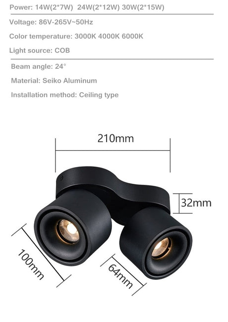 Adjustable bright mounted spotlight led downlight living room ceiling light aisle adjustable angle COB non-opening spotlight 24W