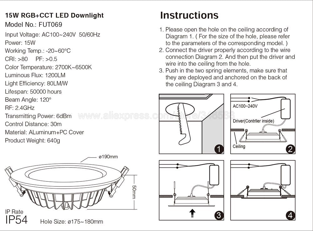 MiBoxer 15W RGB+CCT IP54 Downlight AC 110V 220V Input FUT069 2.4G RF Wireless Remote WiFi APP Alexa Google Voice Control