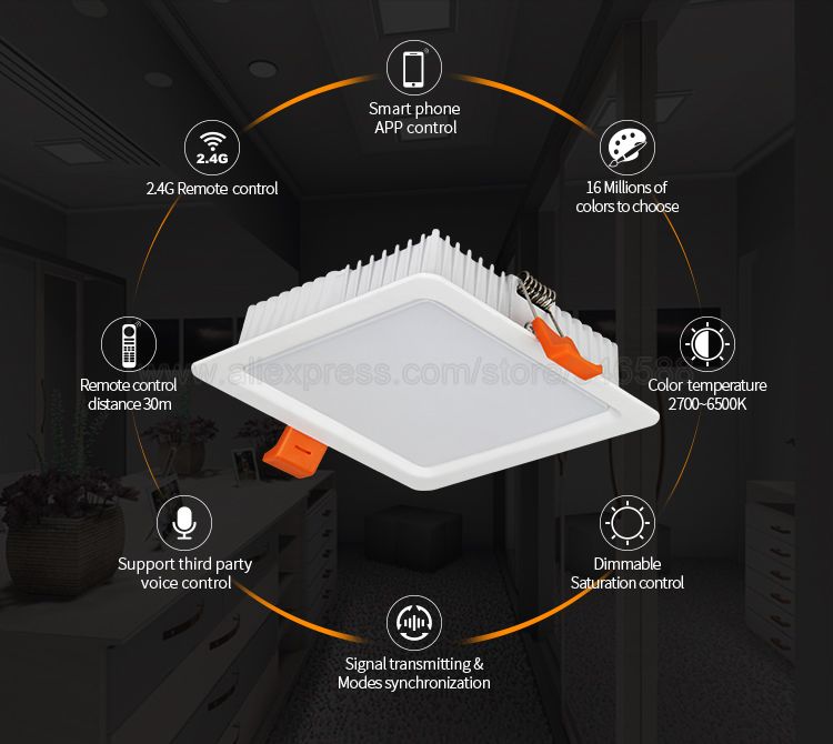 Mi.Light FUT064 9W RGB+CCT Square LED Downlight AC110V 220V LED Ceiling Spotlight 2.4G Wireless Control WiFi APP Voice Control