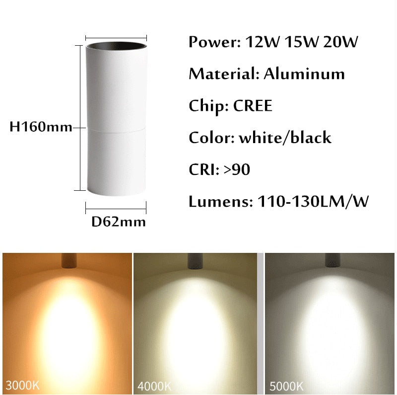 Foldable LED Surface Mounted Downlight 12W 15W 20W Black/White Housing 360 Degree Rotatable 3000K/4000K/6000K Ceiling Spot Light