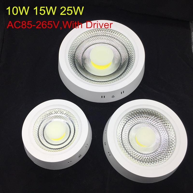 Surface Ceiling Panel Light 10W 15W 25W LED Downlight Warm/Natural/Cold White AC85-265V Round COB LED Indoor light With Driver