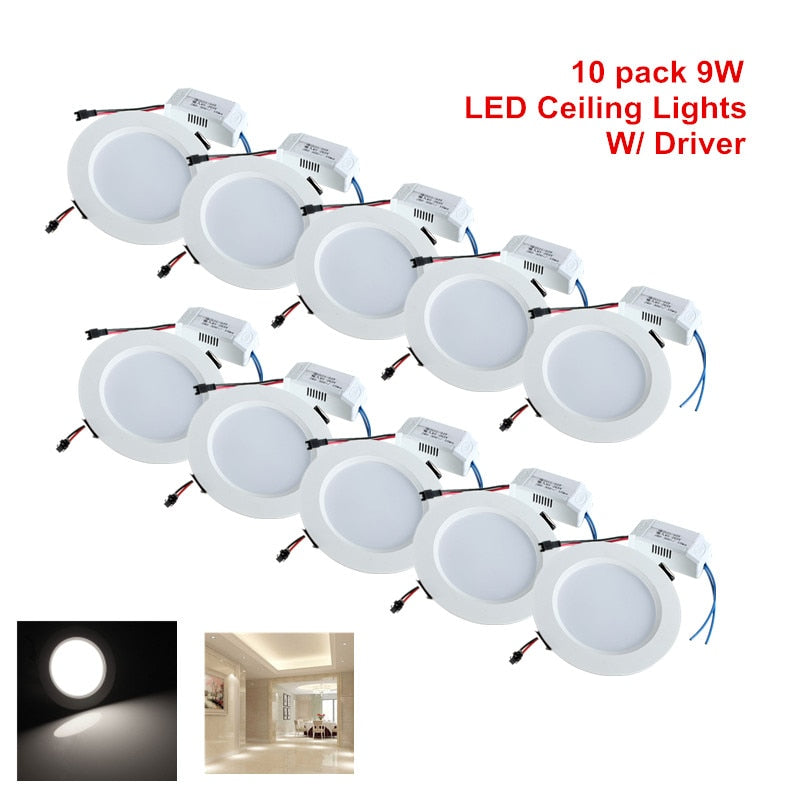 LED Recessed 10PCS Round Ceiling Panel Light Led Down Light Downlight Fixture Lamp Bulb AC85-265V 9W Warm White/White Lighting