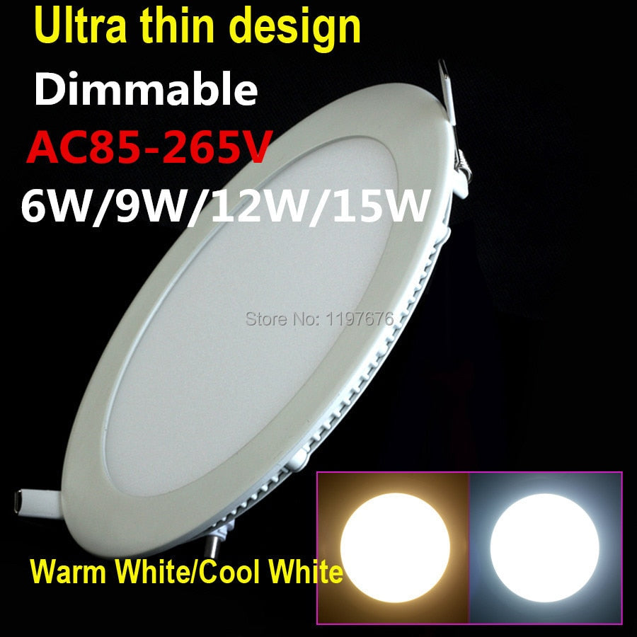 Dimmable LED Ceiling Downlight Light 6W 9w 12W 15W LED Panel down light AC85-265V Warm White/Cold White Brightness Adjustable