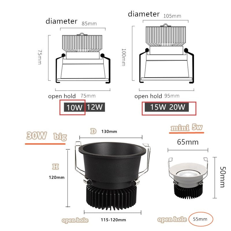 Dimmable Embedded Anti-Glare COB Ceiling  Recessed Downlight  5w 10w 12w 20w 30w AC85-265V Wall Wash Light  LED Lamp