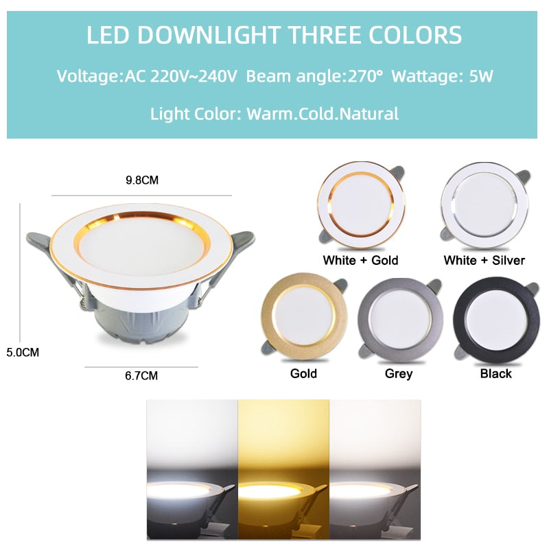 Led Downlight 10pcs 3W 5W AC220V-240V new six color led recessed downlight Kitchen living room led light spot Indoor round light