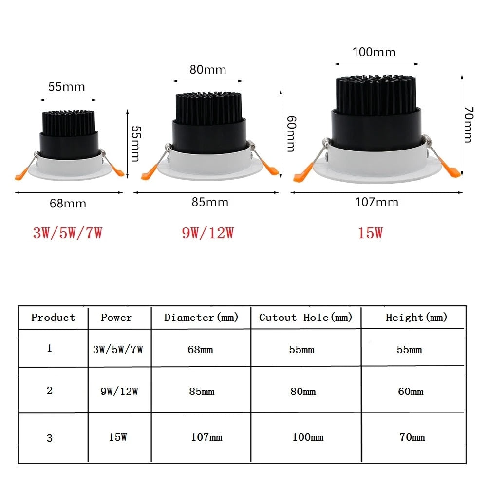 Recessed Dimmable LED Ceiling Light Lamp 3W 5W 7W 9W 12W 15W Round COB Spotlight LED Downlight AC85-265V