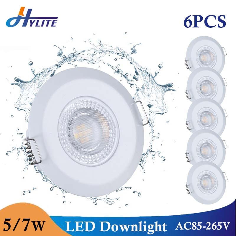 6PCS Waterproof 5W 7W LED Recessed Downlight Ultra Thin Bathroom Lamp Dimmable Round Driveless Ceiling Lighting AC 85-265V