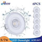 6PCS Waterproof 5W 7W LED Recessed Downlight Ultra Thin Bathroom Lamp Dimmable Round Driveless Ceiling Lighting AC 85-265V