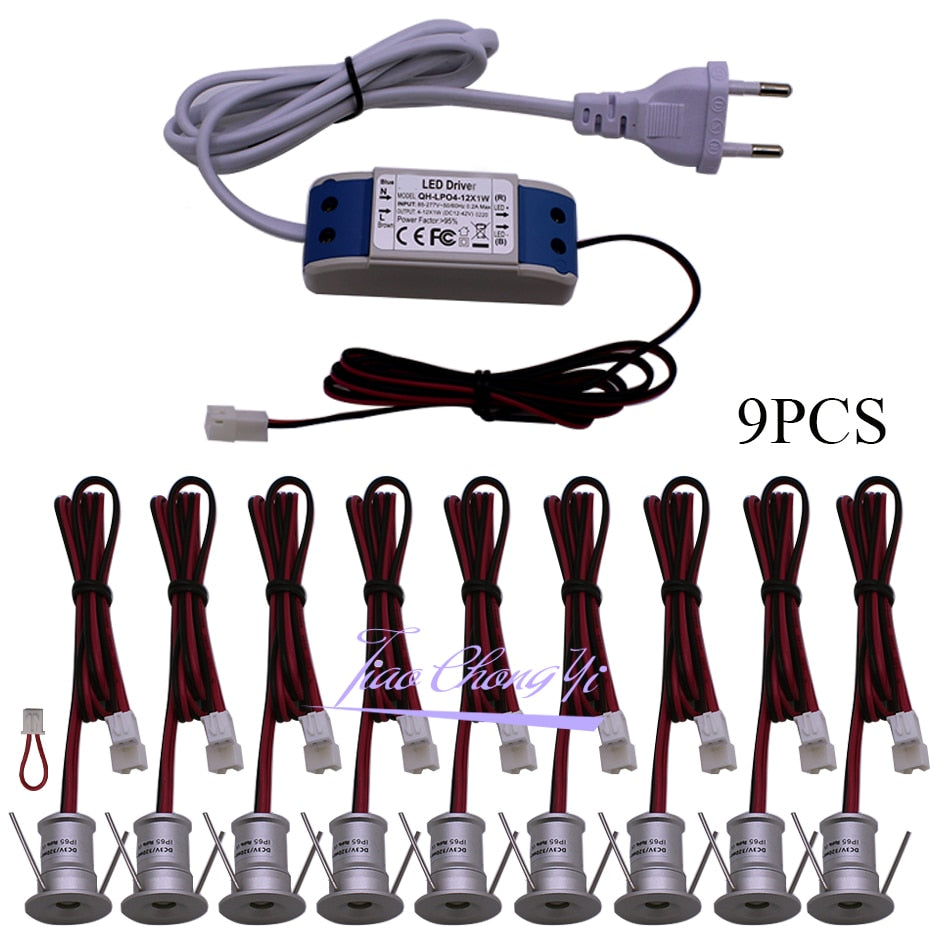 Mini Indoor LED Spot Light 9PCS /1set 12V Downlight Dimmable Recessed Ceiling Stair Light 1W Showcase Cabinet Lights