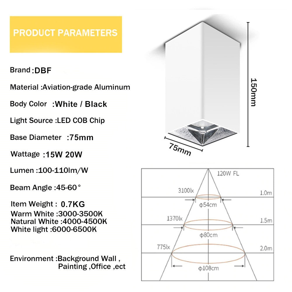 Square LED Surface Mounted Downlight Shining Reflector 15W 20W Ceiling Spot Lamp Square Black/White Housing Indoor Lights