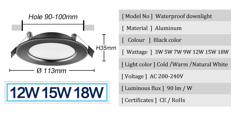 LED Downlight 220V 230V Waterproof Ceiling Lamp 3w 5w 7w 9w 12w 15w 18W Aluminum Recessed Downlights Round Led Panel Light Indoor