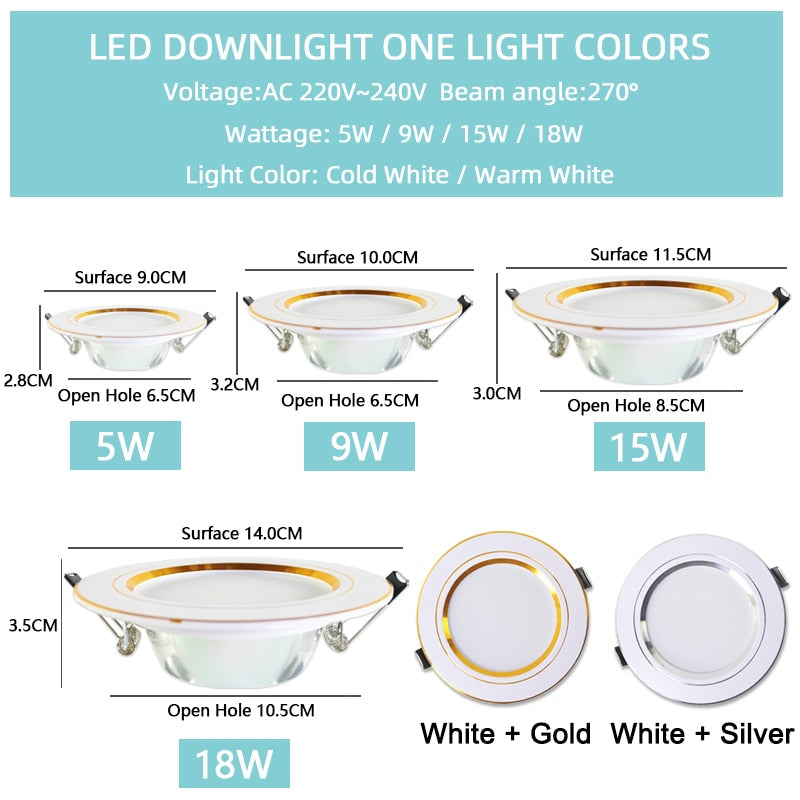 LED 3W 5W 9W 12W 15W 18W Downlight Spot led downlight AC 220V gold Silver White Ultra Thin Aluminum Round Recessed LED Spot Lighting
