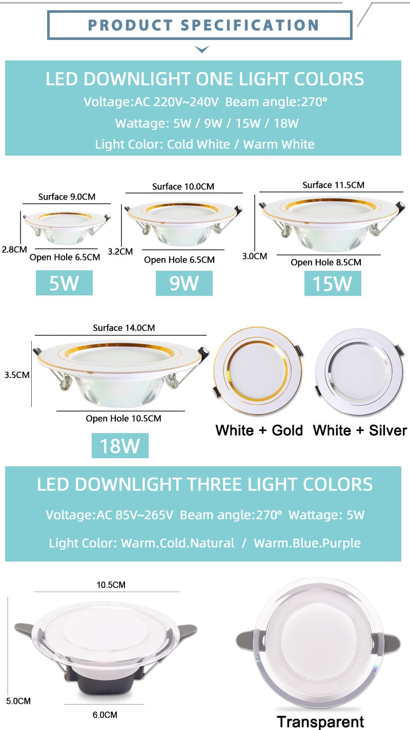 LED 3W 5W 9W 12W 15W 18W Downlight Spot led downlight AC 220V gold Silver White Ultra Thin Aluminum Round Recessed LED Spot Lighting