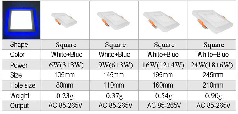 ACETIDE Led  Downlight 6W 9W 16W 24W led Ceiling Recessed panel Light Painel lamp decoration round square  Blue+White 2 color