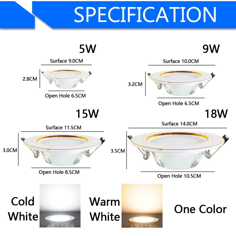 Downlight 3W 5W 9W 12W 15W 18W downlight AC 220V 240V Ultra Thin gold Silver Aluminum Round Recessed LED Spot Lighting six color