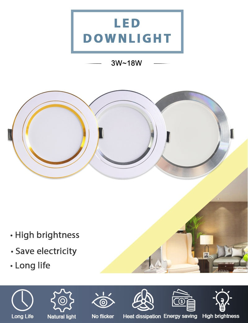 Downlight 3W 5W 9W 12W 15W 18W Spot led downlight Silver White gold Ultra Thin  AC220V Aluminum Round Recessed LED Spot Lighting
