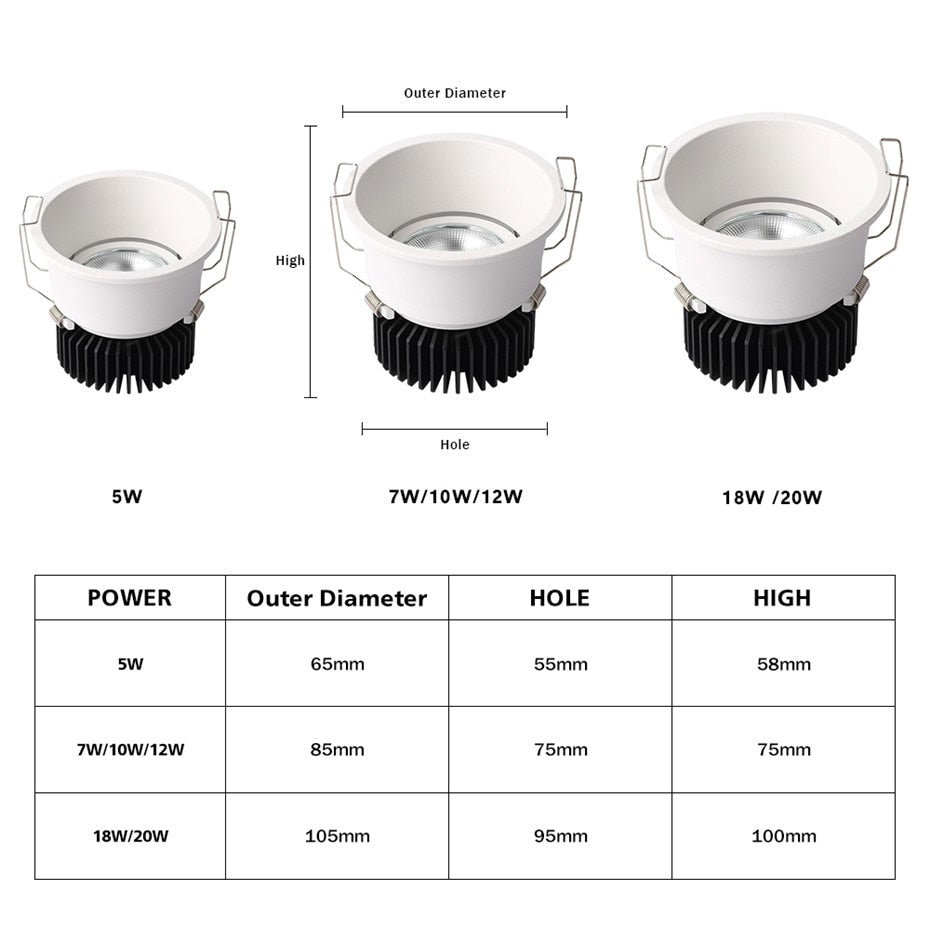 Anti-Glare LED Downlight 20W 12W 7W Led Spot Lights 220V 110V Led Bulb Recessed Downlight led Bedroom Indoor LED Spot Lighting