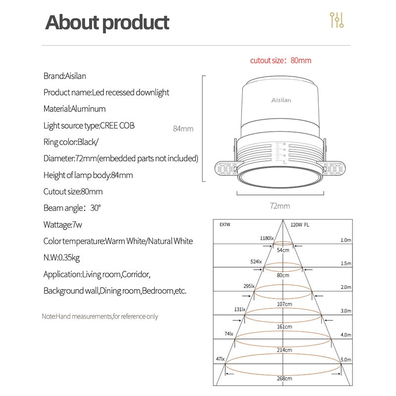 Aisilan LED recessed downlight Frameless anti-glare for living room corridor bedroom Angle Adjustable cutout size 8cm spot light LED