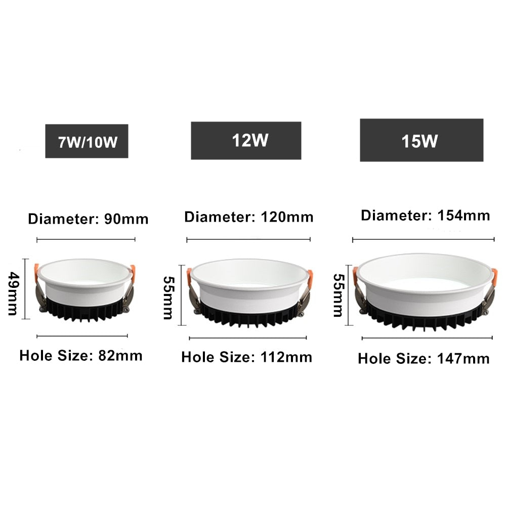 DBF 2020 Frameless 3 Light Temperature Anti Glare Recessed Downlight 7W 10W 12W 15W Round LED Ceiling Spot Light Pic Background