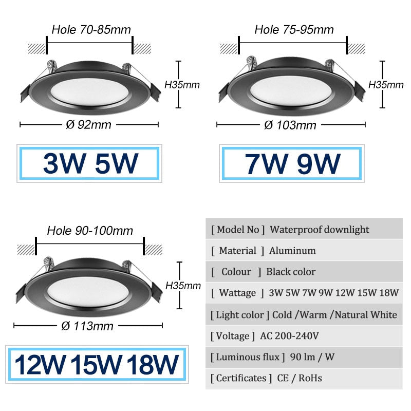 LED Downlight 220V 230V Waterproof Ceiling Lamp 3w 5w 7w 9w 12w 15w 18W Aluminum Recessed Downlights Round Led Panel Light Indoor