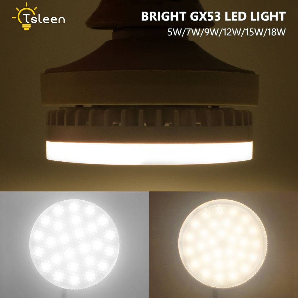 Bright GX53 Light Bulb 5W 7W 9W 12W 15W 18W LED Downlight Led Lamp GX53 smd2835 GX 53 Base LED LAMP AC85-265V warm white light