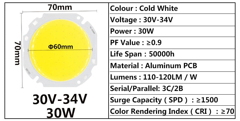 30W 50W High Power LED Round COB Light Beads 30-34V 60MM LED lamp Bead LED Bulb Chip Spot Light Downlight Diode Lamps Cold White