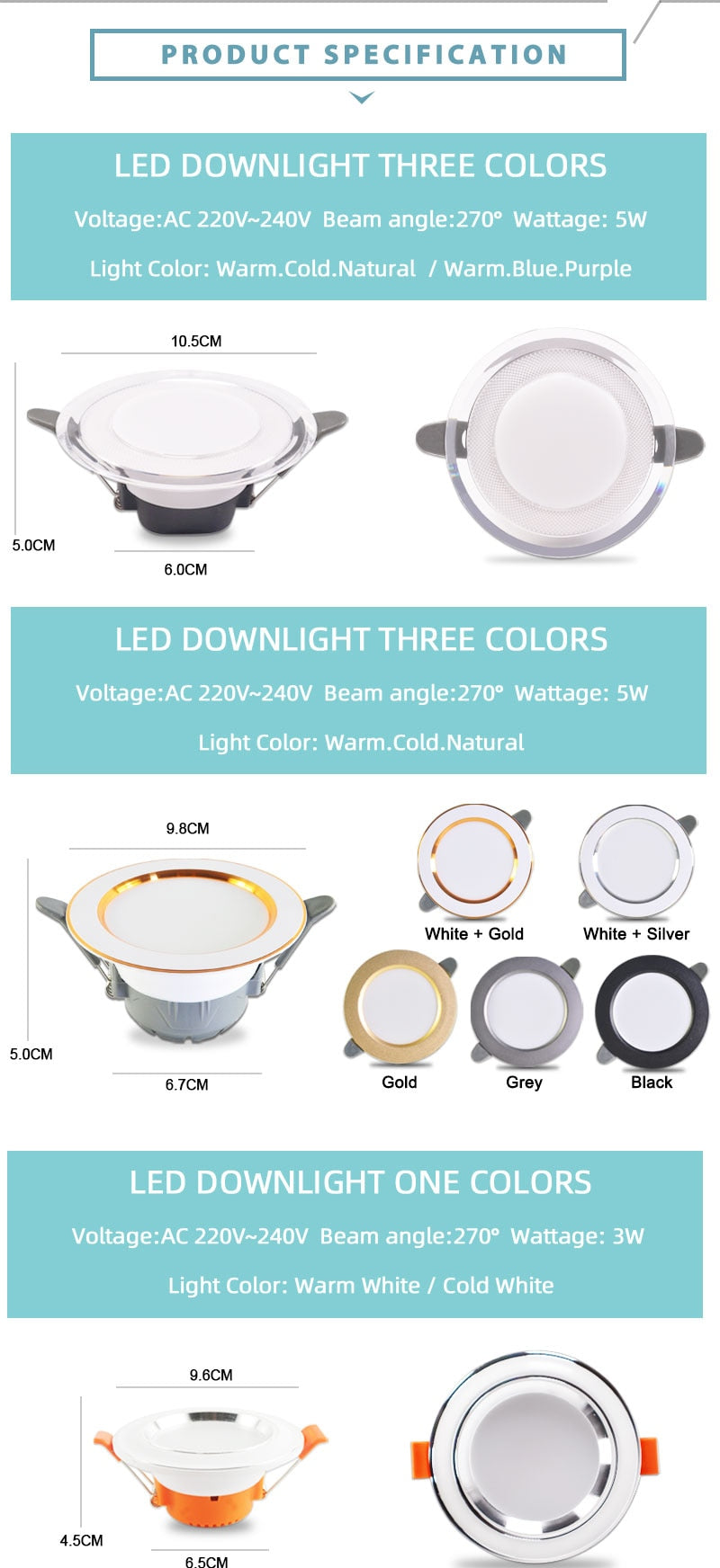 Led Downlight 10pcs 3W 5W AC220V-240V new six color led recessed downlight Kitchen living room led light spot Indoor round light