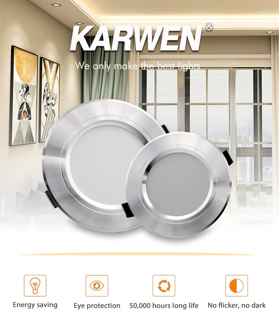 KARWEN LED Downlight Silver Body AC 220V 230V 240V Ceiling light 5W 9W 12W 15W 18W Led spotlight for living room