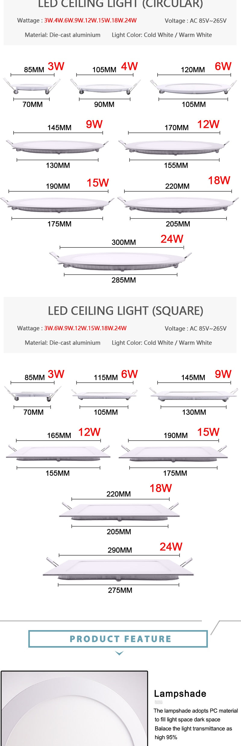 LED Ultra thin Downlight lamp 3W 4W 6W 9W 12W 15W 18W 24W led ceiling recessed grid downlight slim round square led panel light