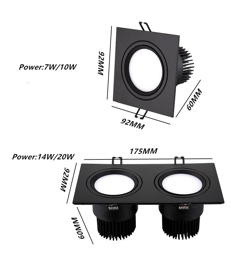 Square Bright Recessed white black LED Dimmable Downlight COB 7W 10W 14W 20W LED Spot light decoration Ceiling Lamp AC85-265V