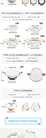 Downlight 3W 5W 15W 18W led Downlight 3000k 4500K 6000K AC220V-240V recessed led downlight Kitchen living room Indoor downlight