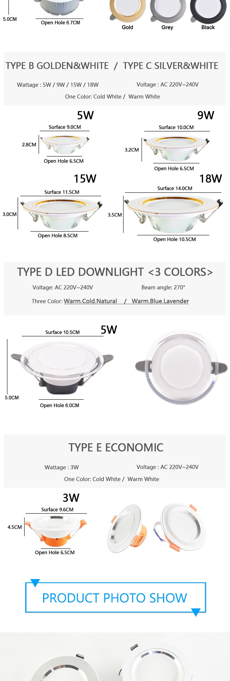 Downlight 3W 5W 15W 18W led Downlight 3000k 4500K 6000K AC220V-240V recessed led downlight Kitchen living room Indoor downlight