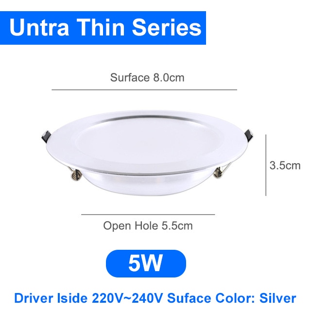 LED Downlight 3W 5W 9W 15W 18W Silver White Ultra Thin Downlight AC110V 220V 240V Round Recessed LED Spot Lighting
