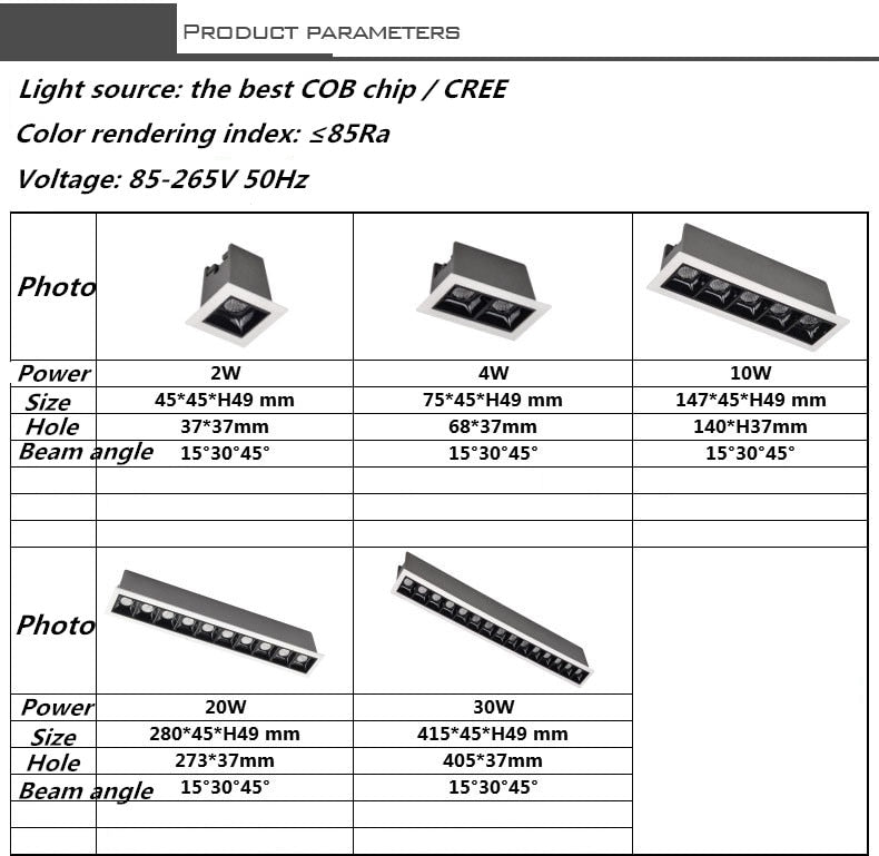 Dimmable LED Downlight Spot Light Indoor Recessed Lighting Linear bar Laser Blade Ceiling Line Lamp 2W/4W/10W/20W/30W