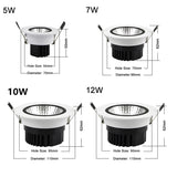 Super Bright Recessed LED COB Downlight Dimmable 5W 7W 10W 12W LED Spot light LED Ceiling Lamp AC 110V 220V White \ Warm White