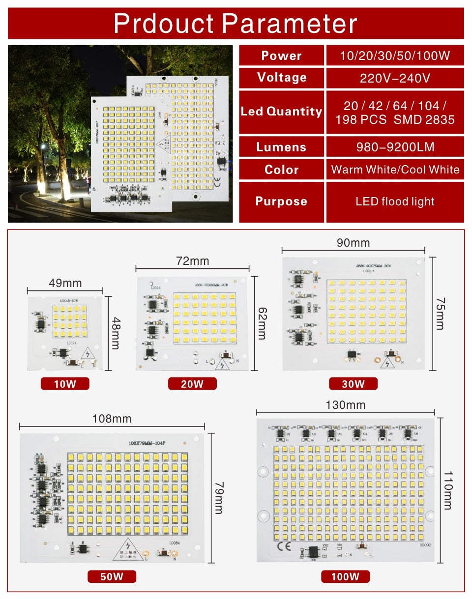 SMD 2835 LED Chip 100W 50W 30W 20W 10W Flood Light Beads AC 220V-240V Led Floodlight Lamp DIY For Outdoor Lighting Spotlight