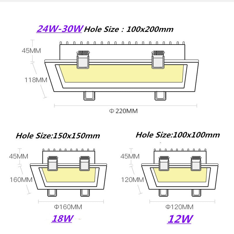 Led Panel 1pcs Dimmable Recessed led downlight 12W 18W 24w 30w Square LED Spot light led ceiling lamp AC110V 220V