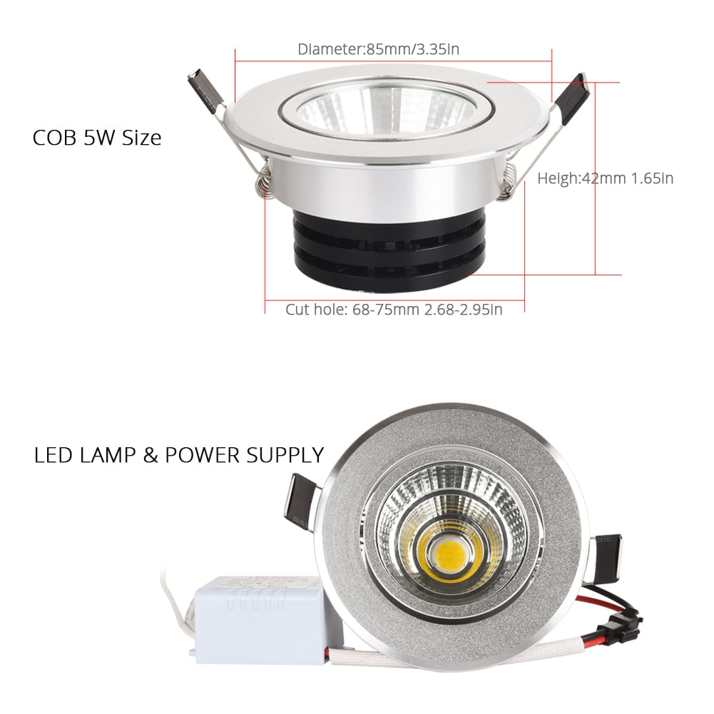 Silver spot led Mini 3W 5W 7W COB LED Downlight Dimmable Recessed Lamp Light for ceiling home office hotel 110V 220V