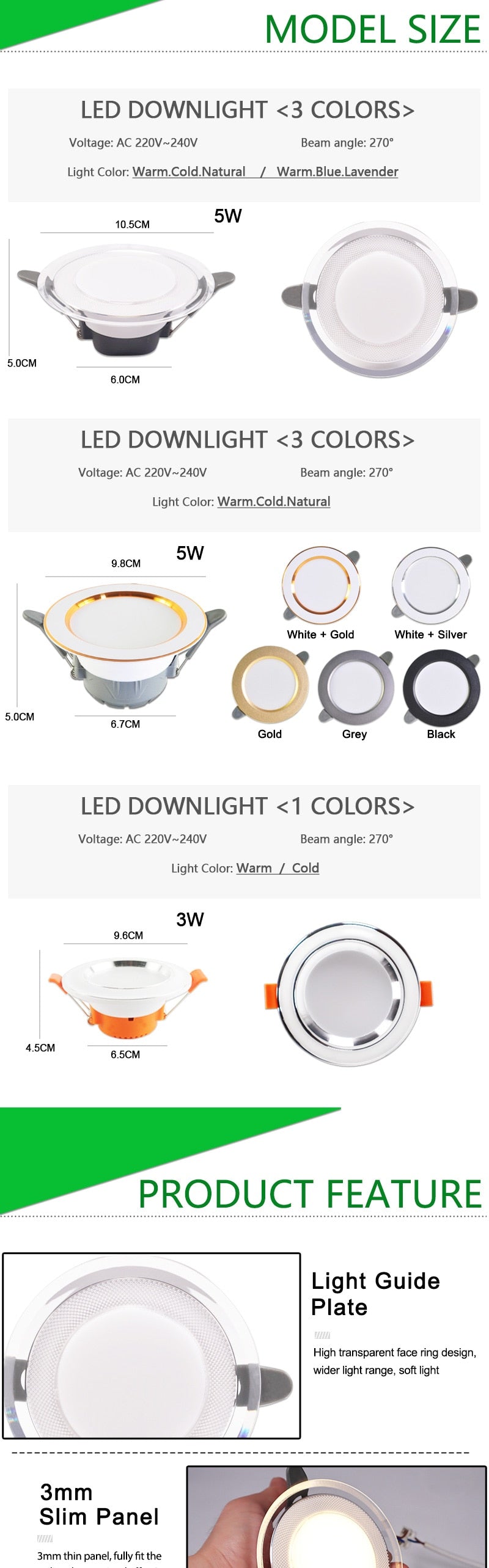 led downlight 3W 5W downlight Ultra Thin new six color led downlight ceiling AC220V 240V Round Recessed LED Spot Lighting