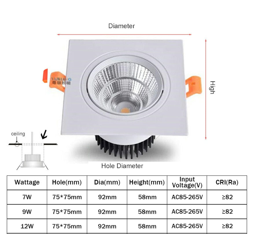Recessed Square Dimmable LED Downlights 7W 9W 12W COB LED Ceiling Lamp AC85-265V Warm/Cold White LED Spot Lights Indoor Lighting